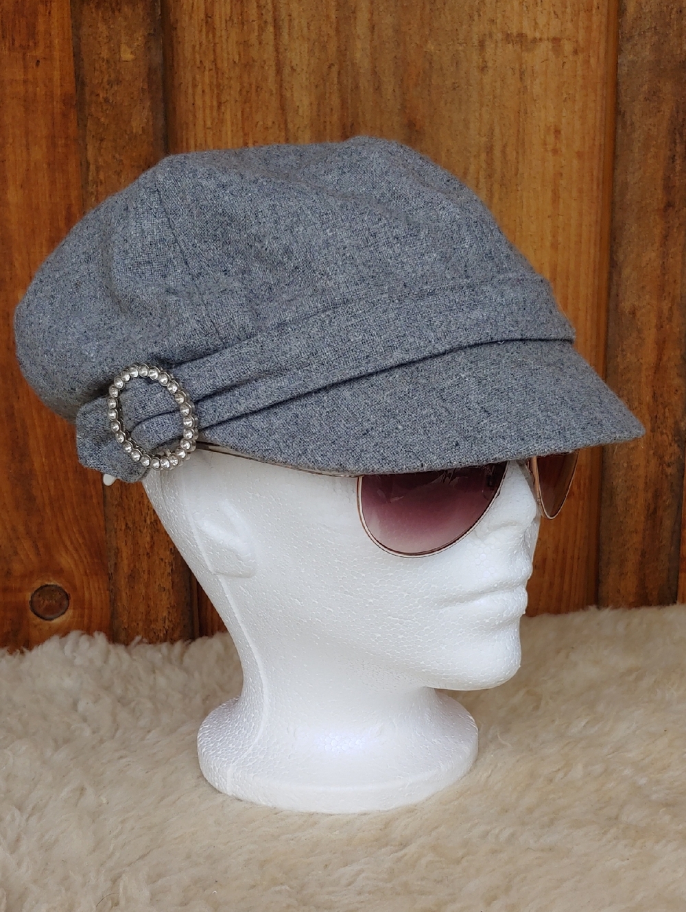 Women's Gray Newsboy Cap with Rhinestone Buckle Accent